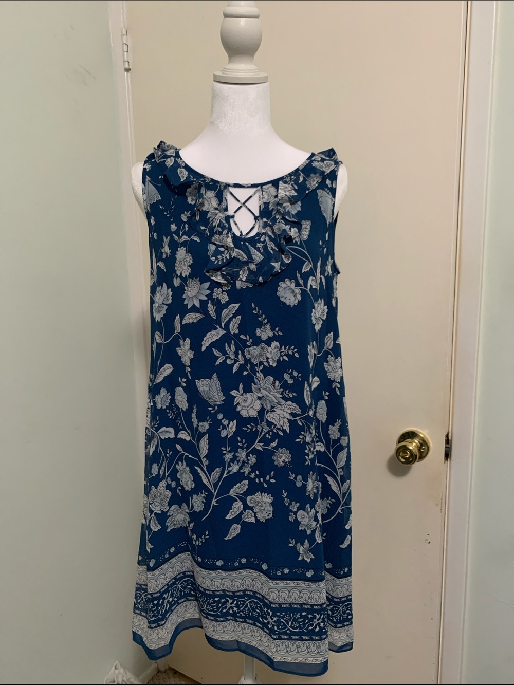 Max Studio Navy Floral Ruffle-Trim Mini Dress